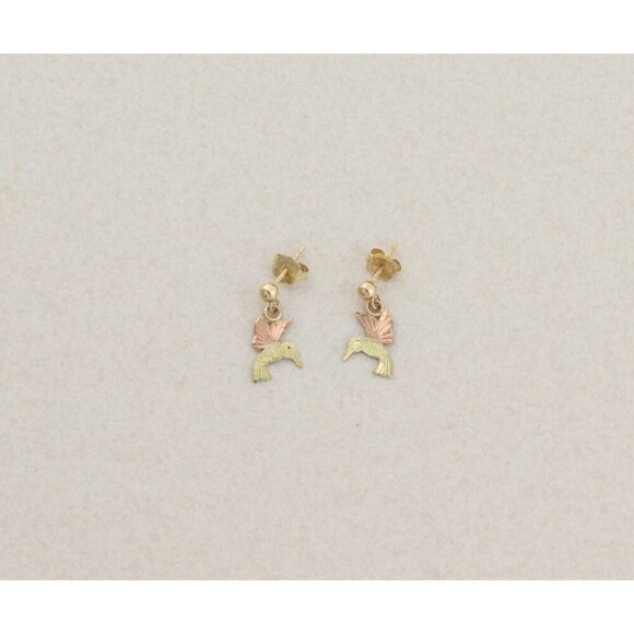 10k Yellow Gold Black Hills Gold Hummingbird Earrings Dangle Drop 5/8" x 1/4" - Picture 3 of 7